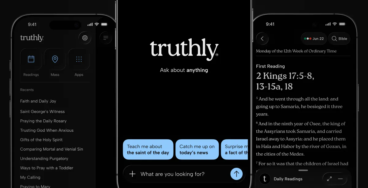 The redesigned app: recent conversations and shortcuts, suggested questions on the home screen, and the day’s readings.